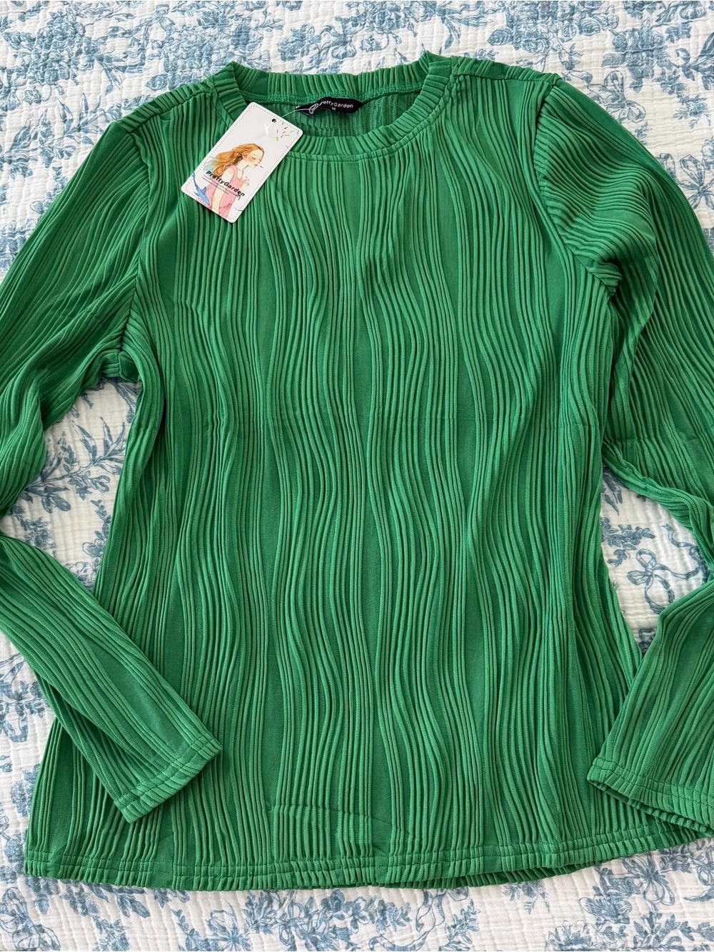 Green Textured Wave Long-Sleeve Tee